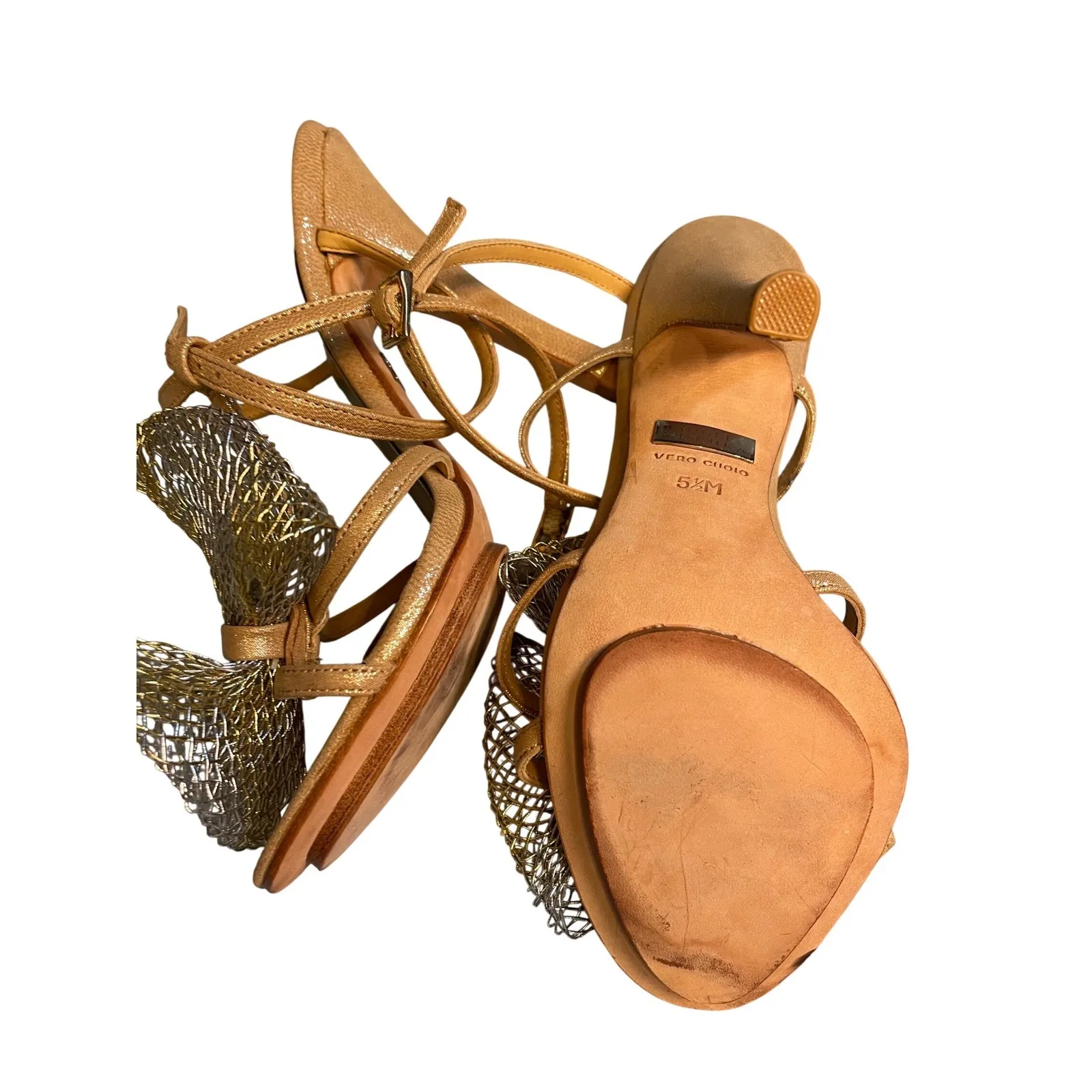 Badgley Mischka Gold Metallic Heels Stiletto Bow Mesh Ankle Strap Sandals 5.5M - Image 2