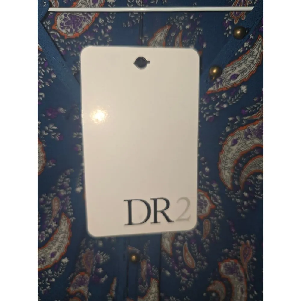 DR2 A Line Dress Women Navy Paisley Tie Waist Long Sleeve V Neck Button Front XS Blue - Image 9