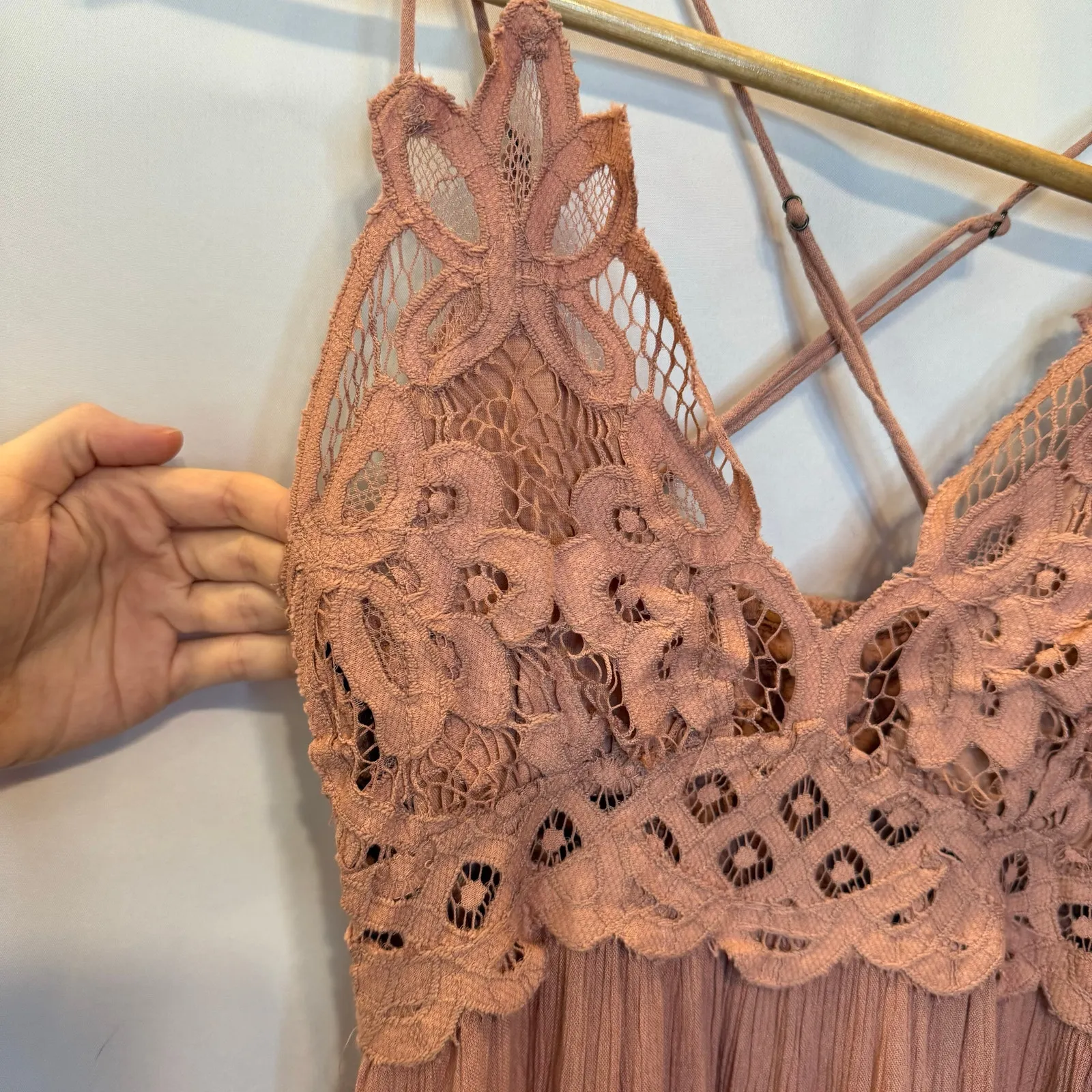 Free People Adella Slip Dress XS Lace Boho Tiered Ruffle Smocked Asym Mini - Image 2