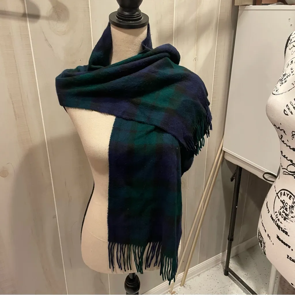 Cute soft fuzzy made in Italy American Eagle plaid scarf fringe navy hunter - Image 8