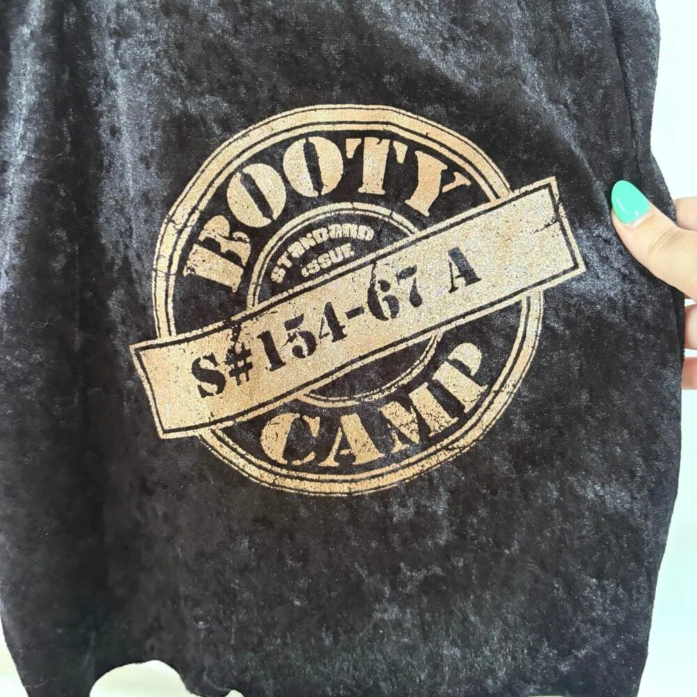 Y2K Indie Sleeze Black Velvet Glitter McBling Booty Camp Baby Tank Top Medium - Image 2