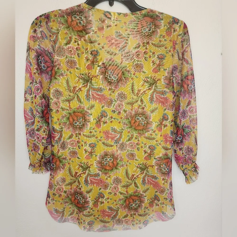 Anthropologie Gretchen V-Neck Floral Smocked Mesh Tunic Top XS Yellow Pink Boho - Image 4