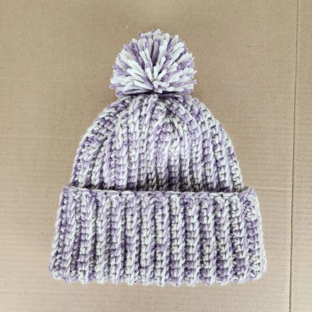New Handmade Crochet Chunky Ribbed Beanie Cream Purple Pompom Warm Hat Cap - Image 3