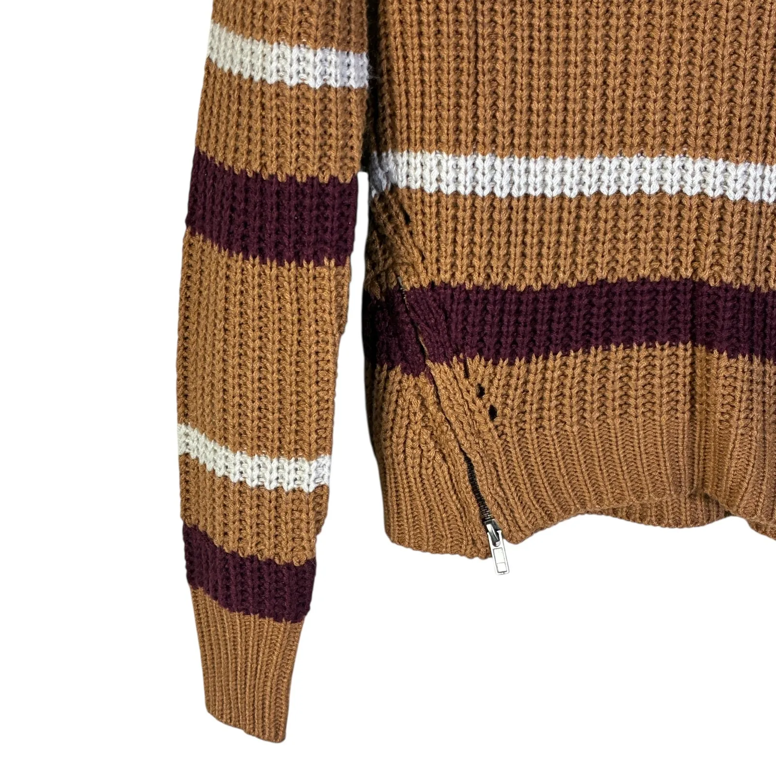 Pink Republic Striped Knit Sweater Size S Brown White Burgundy Zipper Detail - Image 4