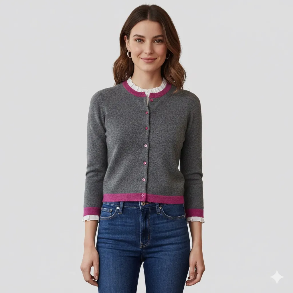 Sutton Grey & Magenta Fitted 100% Cashmere Cardigan Small EUC Gray - Image 8