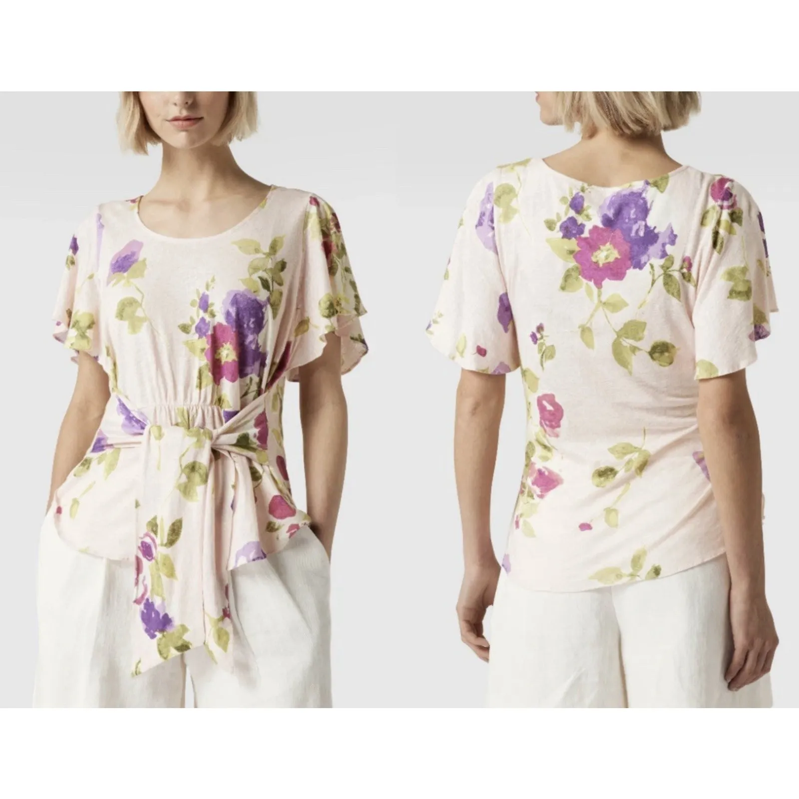 Lauren Ralph Lauren Black Label Linen Blend Pink Floral Flutter Sleeve Sz Small - Image 2