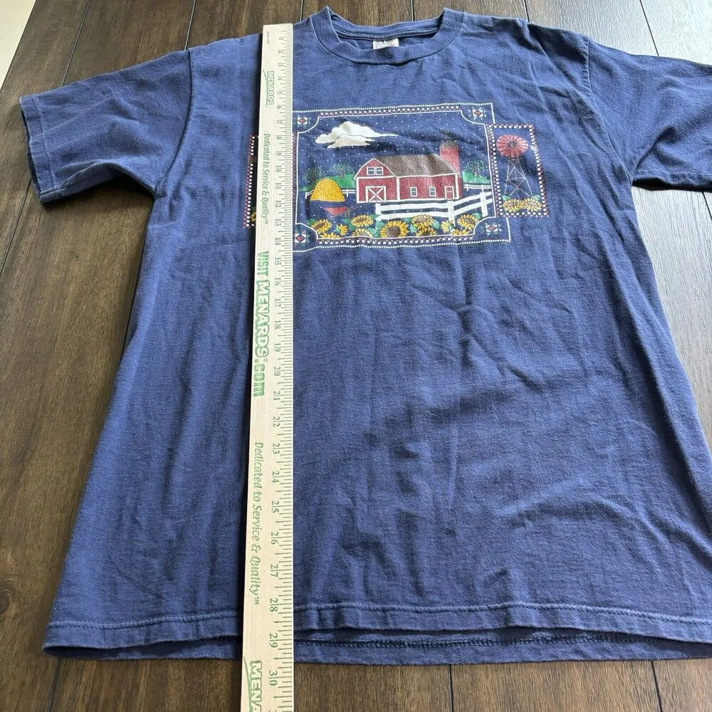 VTG Jerzees Farm Sunflowers Country Print Navy Blue T Shirt Size Large USA Made - Image 5