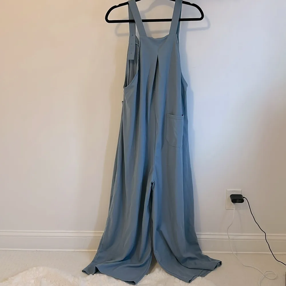 Adjustable Strap Button Pockets Waffle Overalls Blue - Image 4