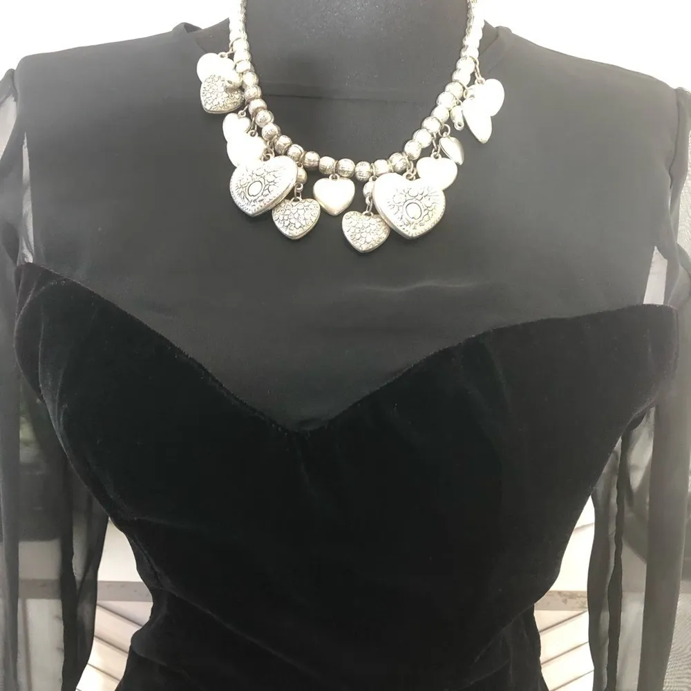 Vintage Black Velvet Sheer Sleeve Cocktail Dress XS - Image 9