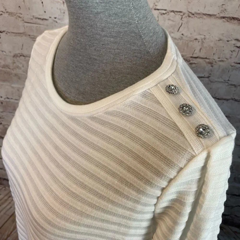 Liz Claiborne Womens Cream Long Sleeve Sweater Striped Button Embellished Medium - Image 2