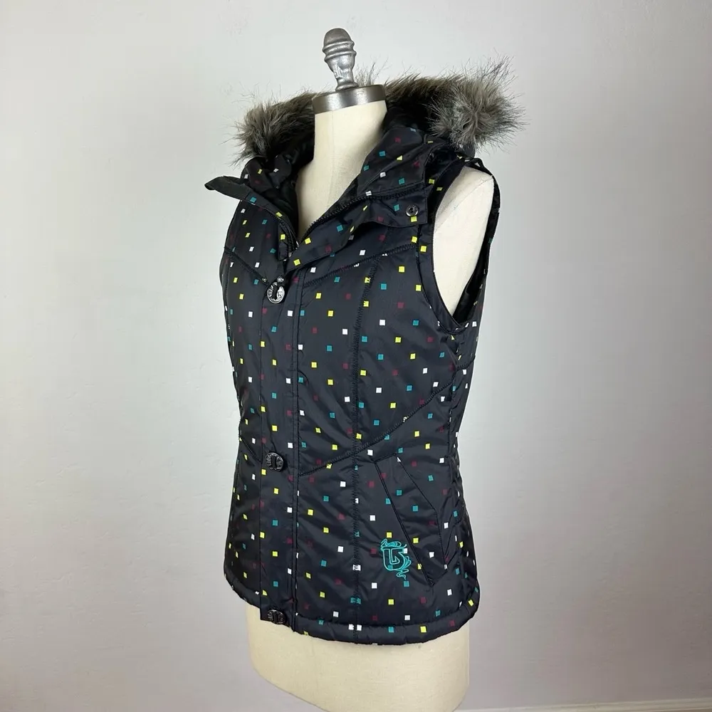 Burton Black Button Hooded Faux Fur Vest Multicolor Pattern Size 19 - Image 7