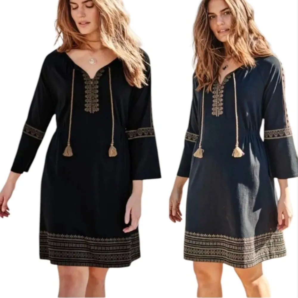 J. Jill Embroidered Cotton Blend Boho Knit Peasant Sheath Dress Black Size S - Image 14