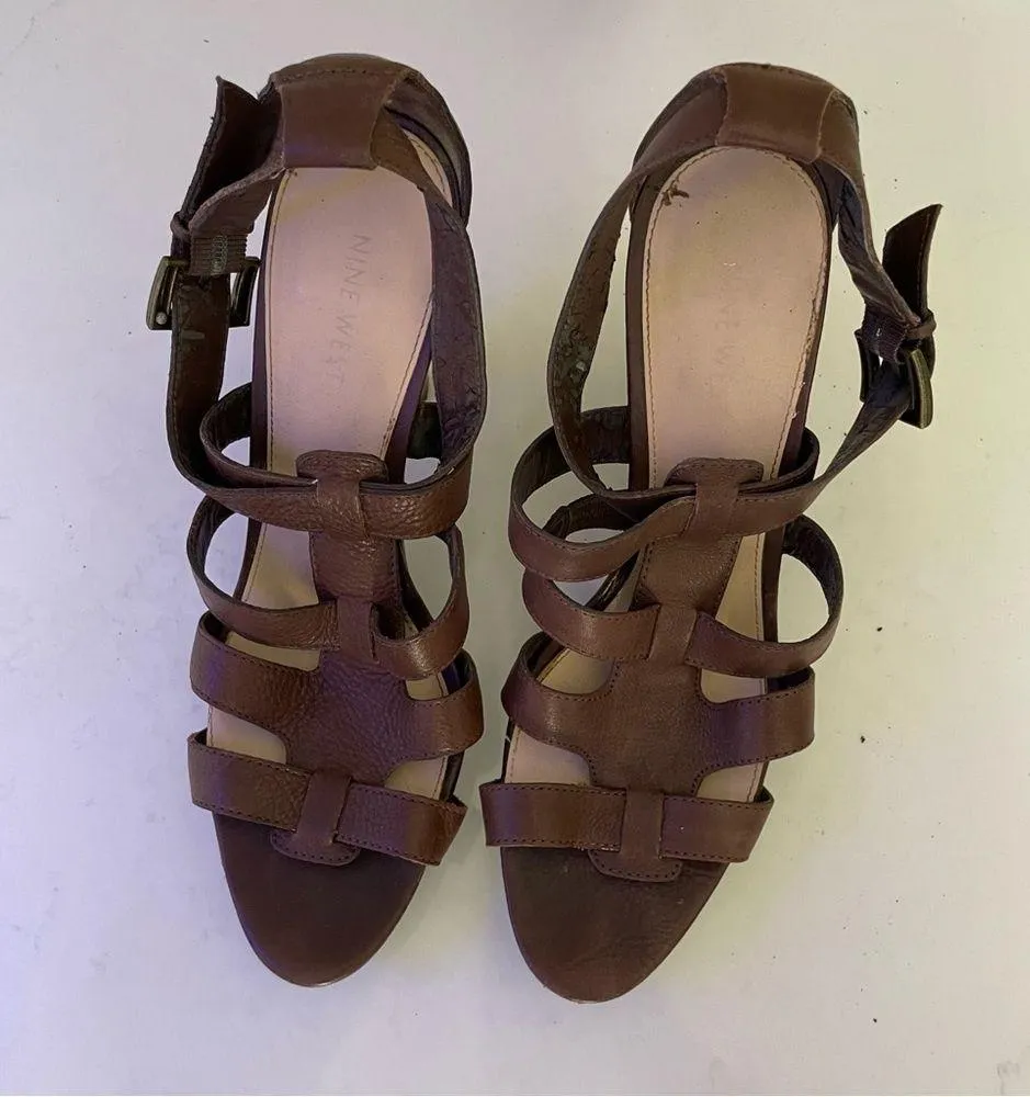Nine West Balboa Brown Faux Leather Wooden Heels Size 7M - Image 4