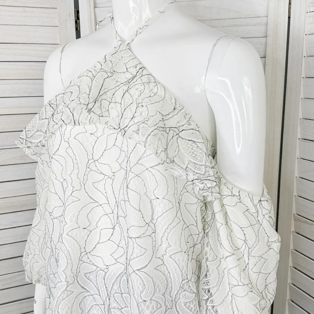 Beau Tissu Lace Cold Shoulder Puff Sleeve Halter‎ Blouse White Black Small - Image 5