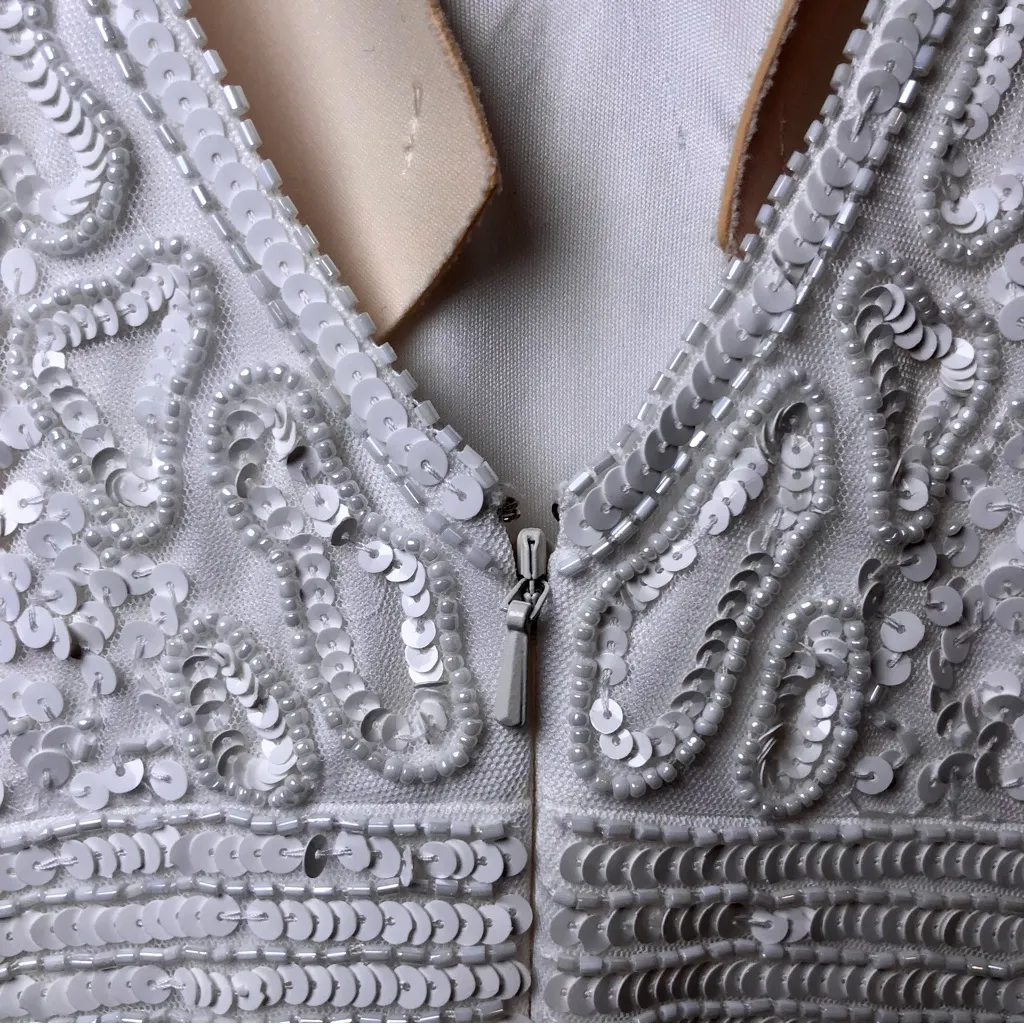 Lulus Glamorous Vow White Beaded Feather Lurex Mermaid Maxi Dress Size S - Image 12