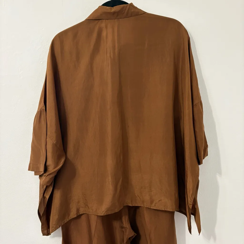 Vintage 90s Express Chocolate Brown Oversized 100% Silk Shirt Pants Set  Sz XS/0 - Image 6