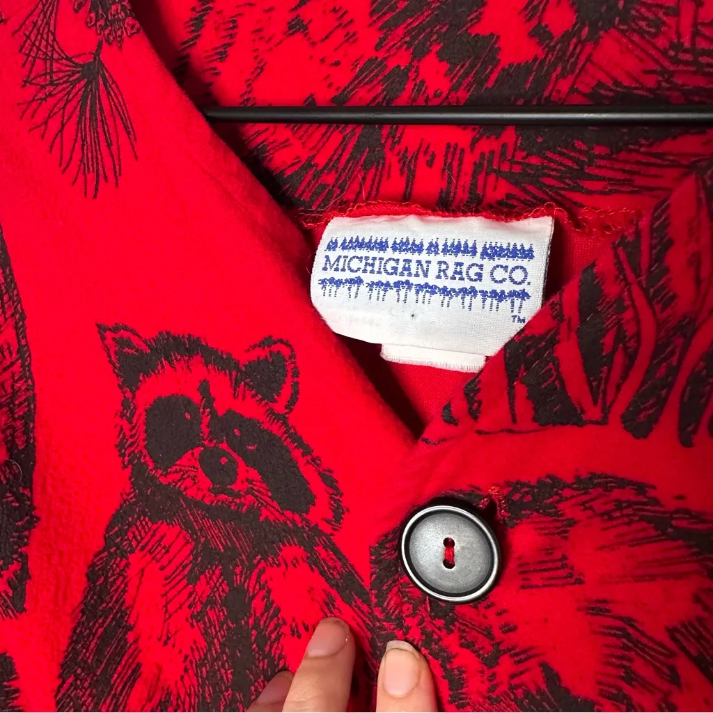 Vintage 90s Michigan Rag Co Flannel Raccoon Nightgown Sz L/XL Red Cabin Cottage Size L - Image 6