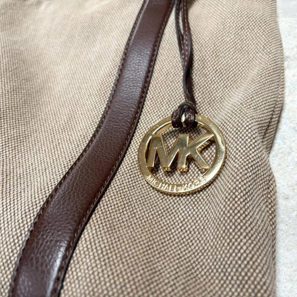 Michael Kors Tote Shoulder Bag, Leather Cotton Woven Gold Hardware 15.5" x 15.5" - Image 3