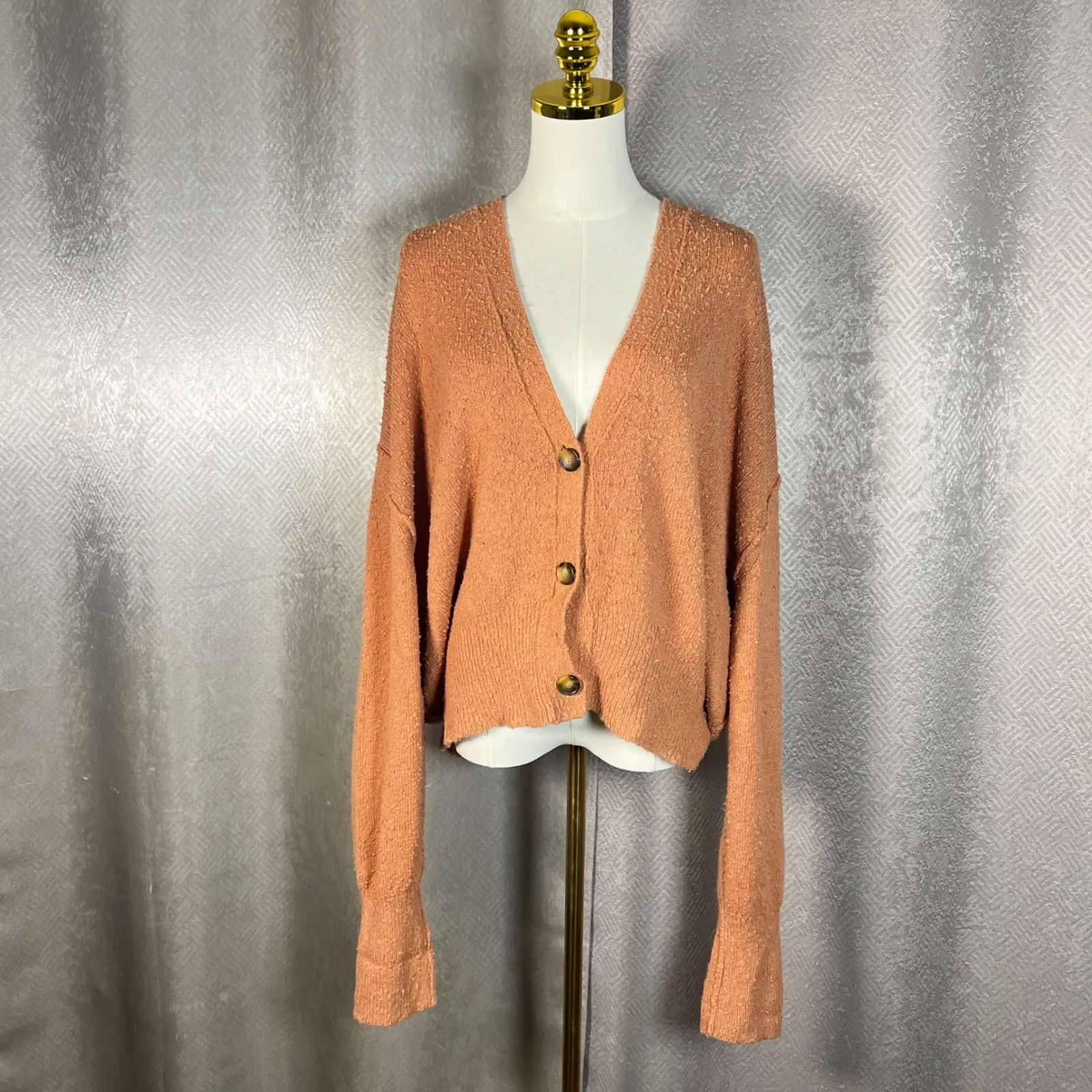 Free People Textured Button Front Cardigan Orange M - Image 4