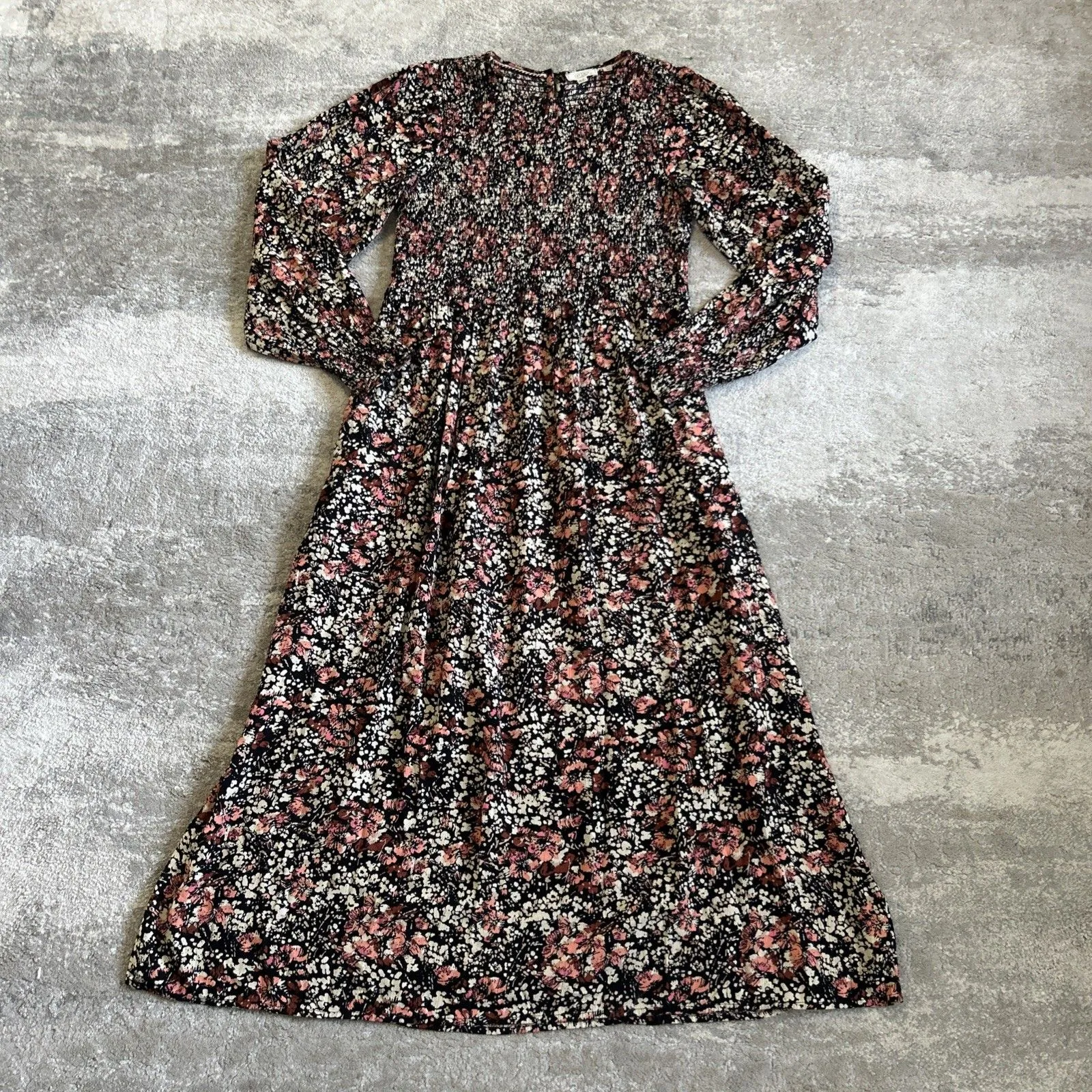 Fat Face Dress Womens 8 Floral Print Midi Pockets Long Sleeve Black Pink - Image 2