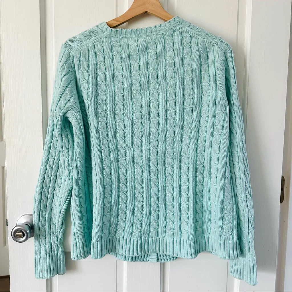 L.L. Bean Cable Knit Cotton Cardigan Sweater Light Aqua Blue Mint Size L Size L - Image 2
