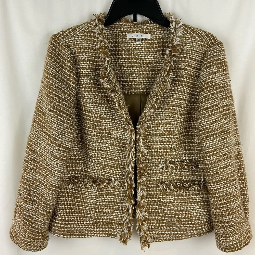 CAbi  Tan Metallic Phoebe Tweed Boucle Frayed Edge Blazer Jacket Size Medium - Image 5