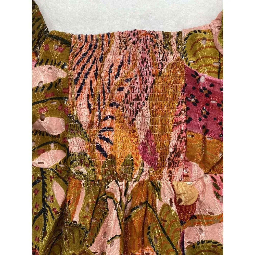 Kourt Robbie Eyelet Cotton Mini‎ Dress Tropical Print Sz XS Puffy Sleeve - Image 11