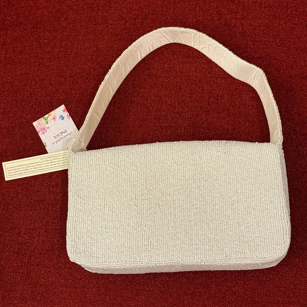 NWT Viral Travel Passport Cities Beaded Bag Made in India Handcrafted Handmade White - Image 3