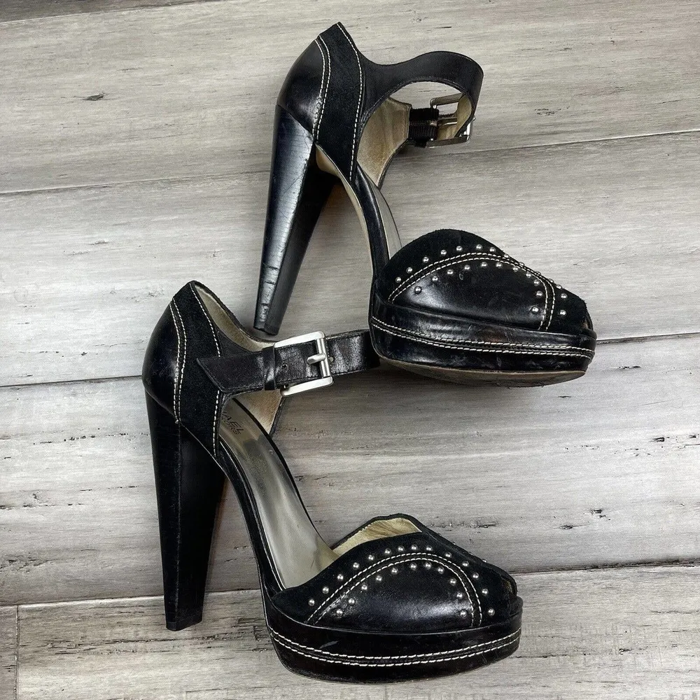 Michael Kors Astor Quarter Strap Heels Women's Black Silver Studs 9 - Image 2