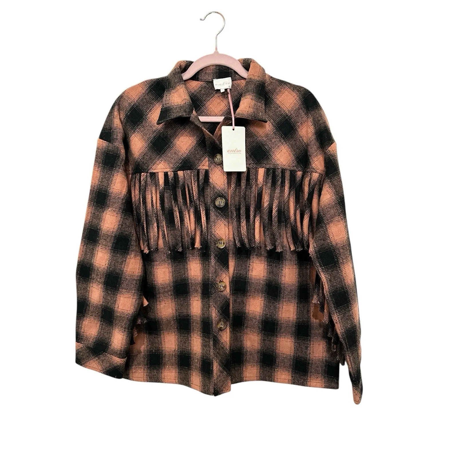 Entro Fringe Plaid Shacket S oversized fit western, edgy boho, whimsical look. - Image 5
