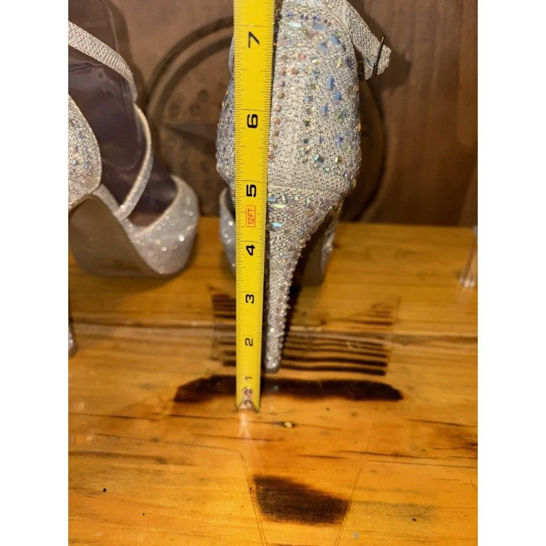 DELICACY WOMEN'S SHOES. SIZE 7.5 SILVER HEEL PLATFORM SILVER RHINESTONE STRAPPY - Image 5