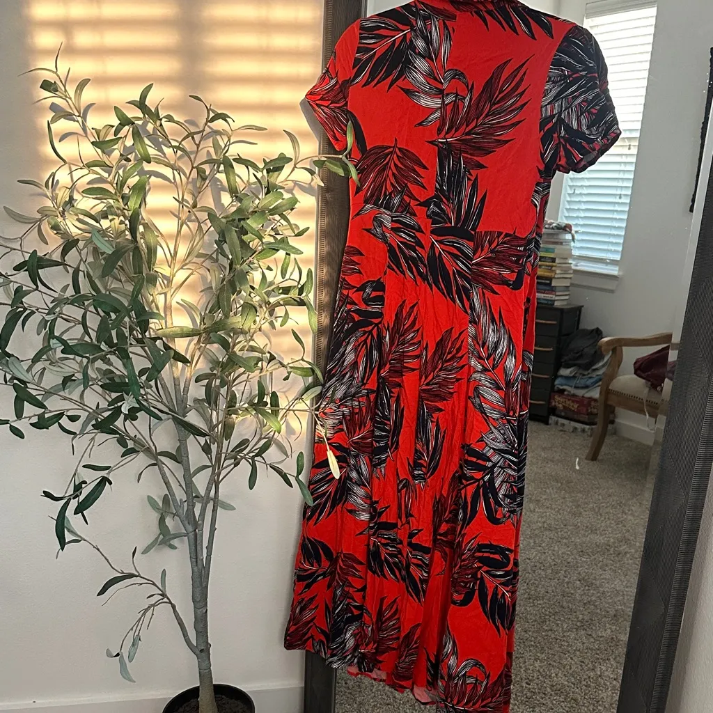 Promod Vibrant Red and Black Button Tropical Maxi Dress Size 4 - Image 4