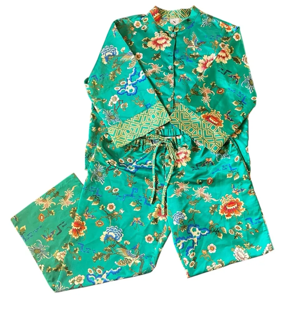 Natori 2 pc pajama lounge set with Asian-inspired print on jade green background - Image 1