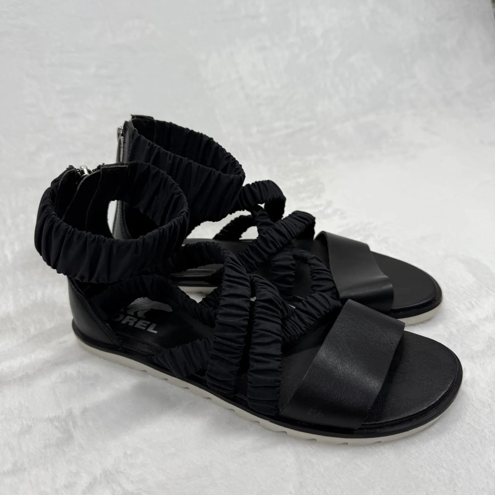 Sorel Gladiator Sandals Ruched Straps Back Zipper Black Leather Size‎ 6.5 - Image 4
