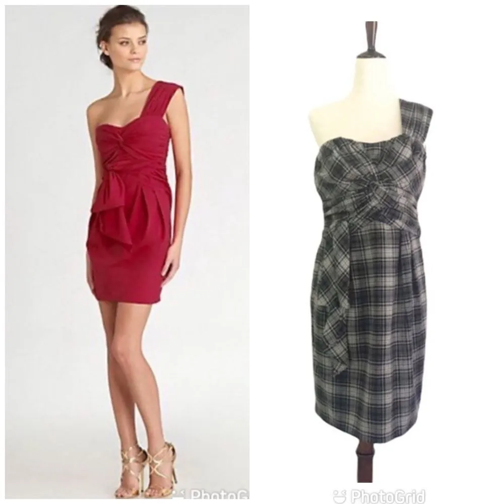 NANETTE LEPORE One Shoulder Cocktail Dress Mini  Sheath Draped Plaid Gray Size 6 - Image 3