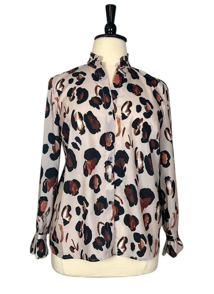Eloquii Button Down Blouse Long Ruffle Sleeves Neck Cheetah Women’s Plus Size 14 - Image 4
