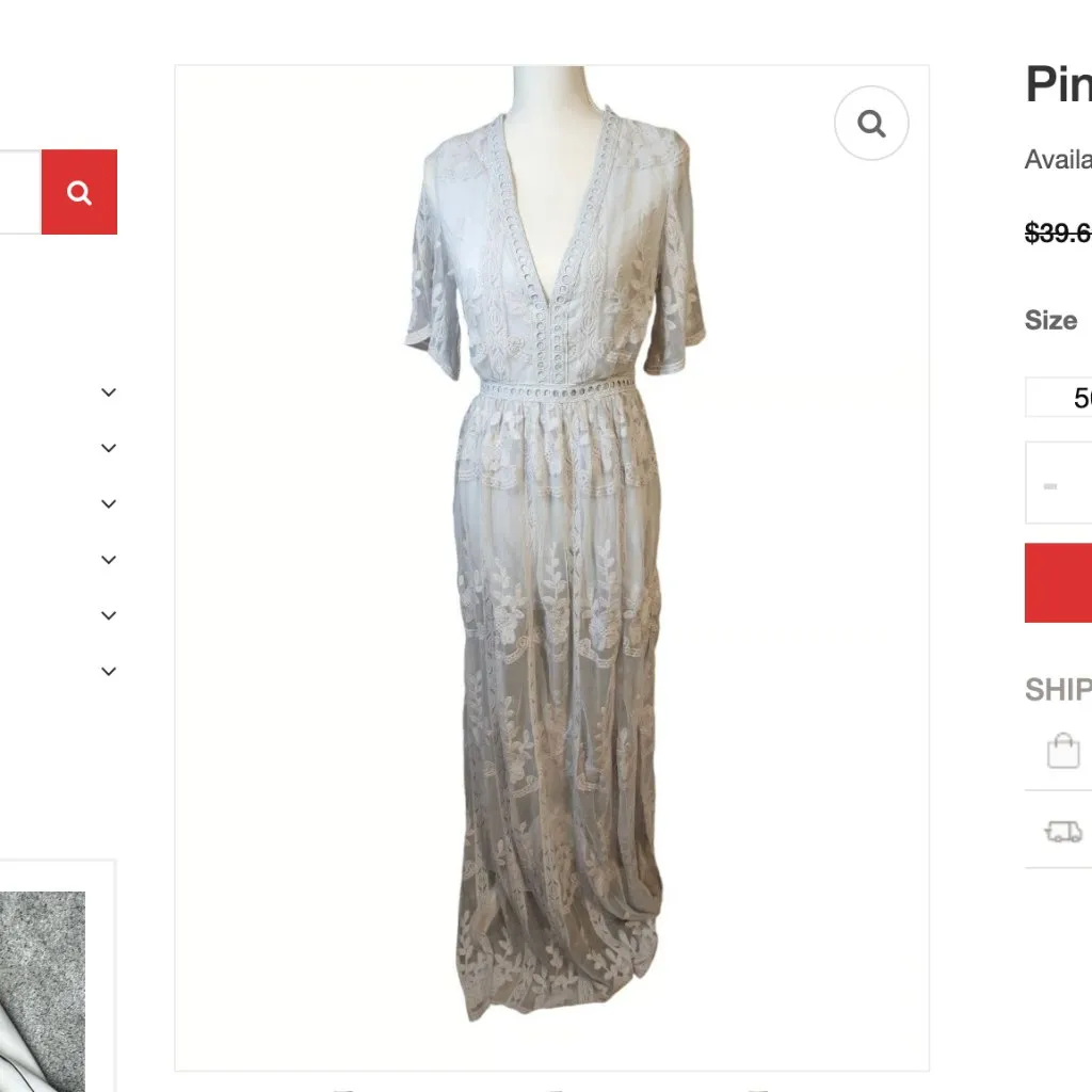 Pink Lily Maxi Dress Lace Grey Off White‎ Boho Sheer Short Sleeve Deep V-Neck S - Image 2