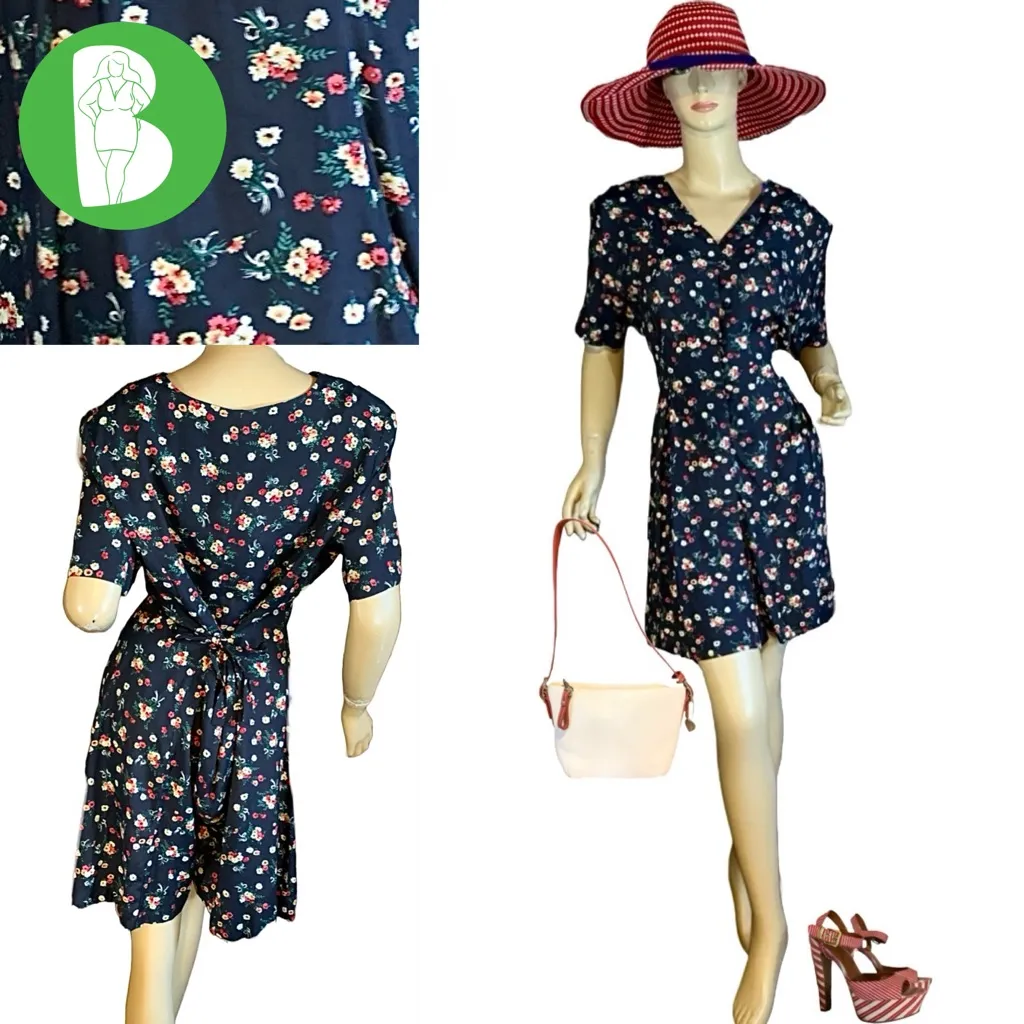 NEW YORK STYLE VINTAGE 1990'S FLORAL PRINT NAVY BLUE, RED & YELLOW ROMPER (L) Blue Size L - Image 2