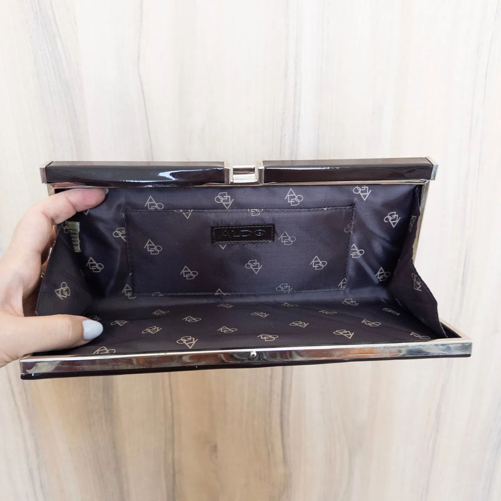 Y2K Aldo Patent Glossy Dark Brown Clutch Bag Minimalist Chic Glam Cocktail Party - Image 5