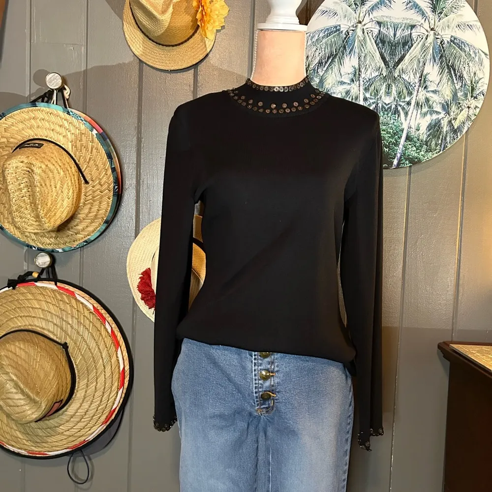 Adrianna Papell Black Beaded Blouse Medium - Image 3