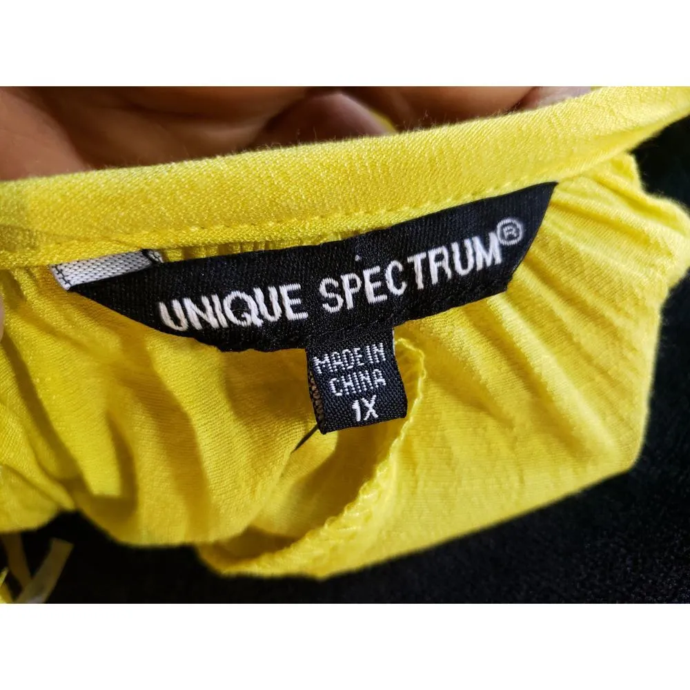 Women's Unique Spectrum 1X Yellow Boho Peasant Blouse Crochet Sleeve Top - Image 12