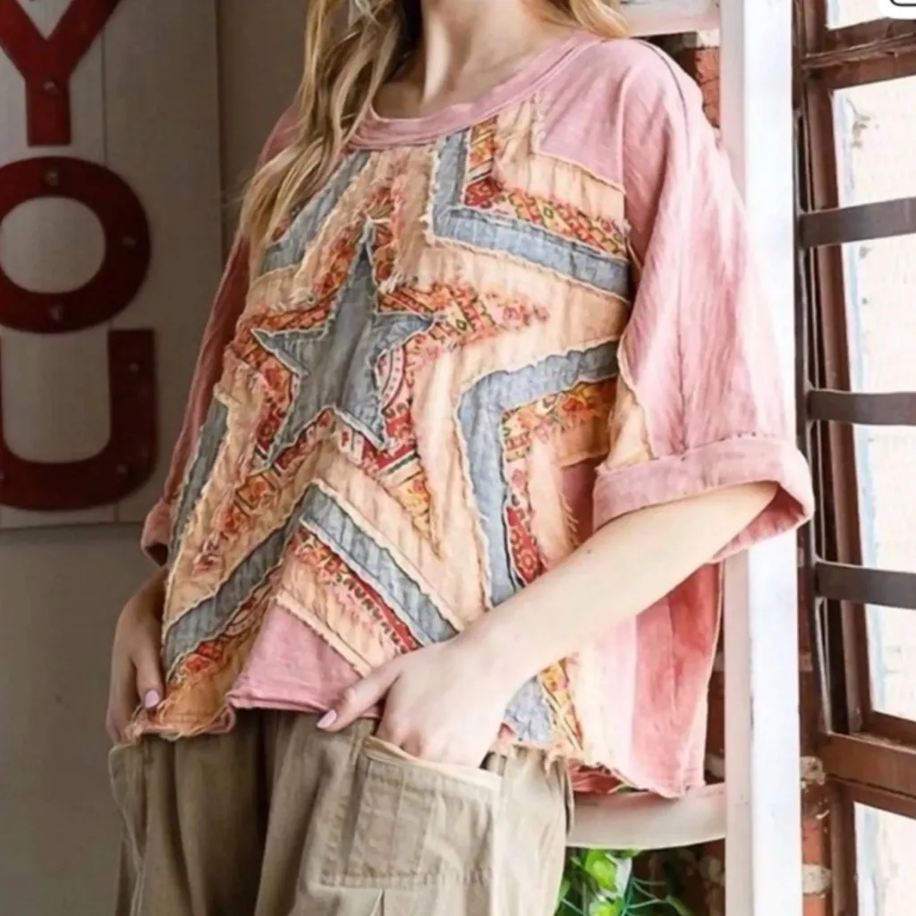 Oli & Hali Women’s Sz Medium Multi Print Star Patchwork Top Boho Green Pink - Image 2