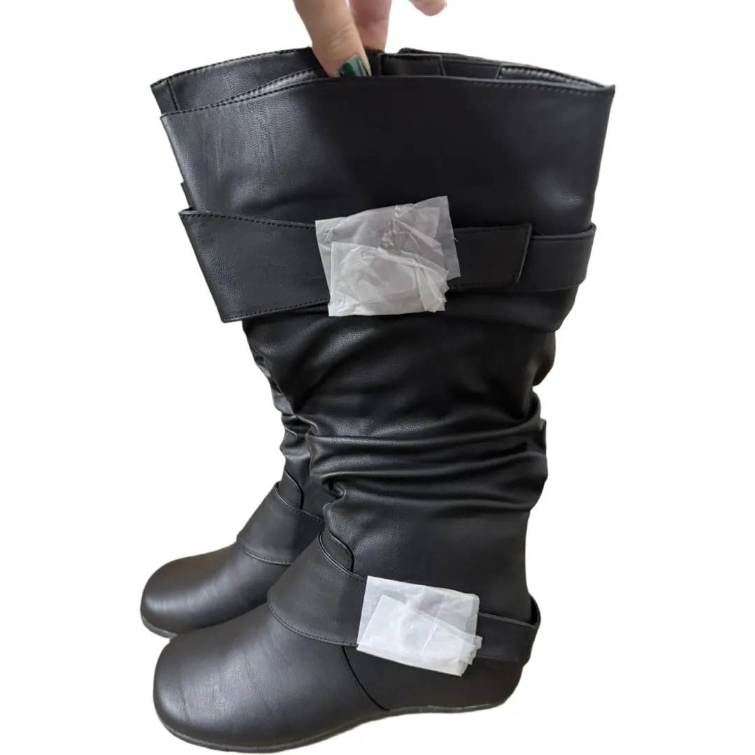 JOURNEE Paris Knee High Flat Boots Black Faux Leather Fall Winter NWT Size 9 - Image 2