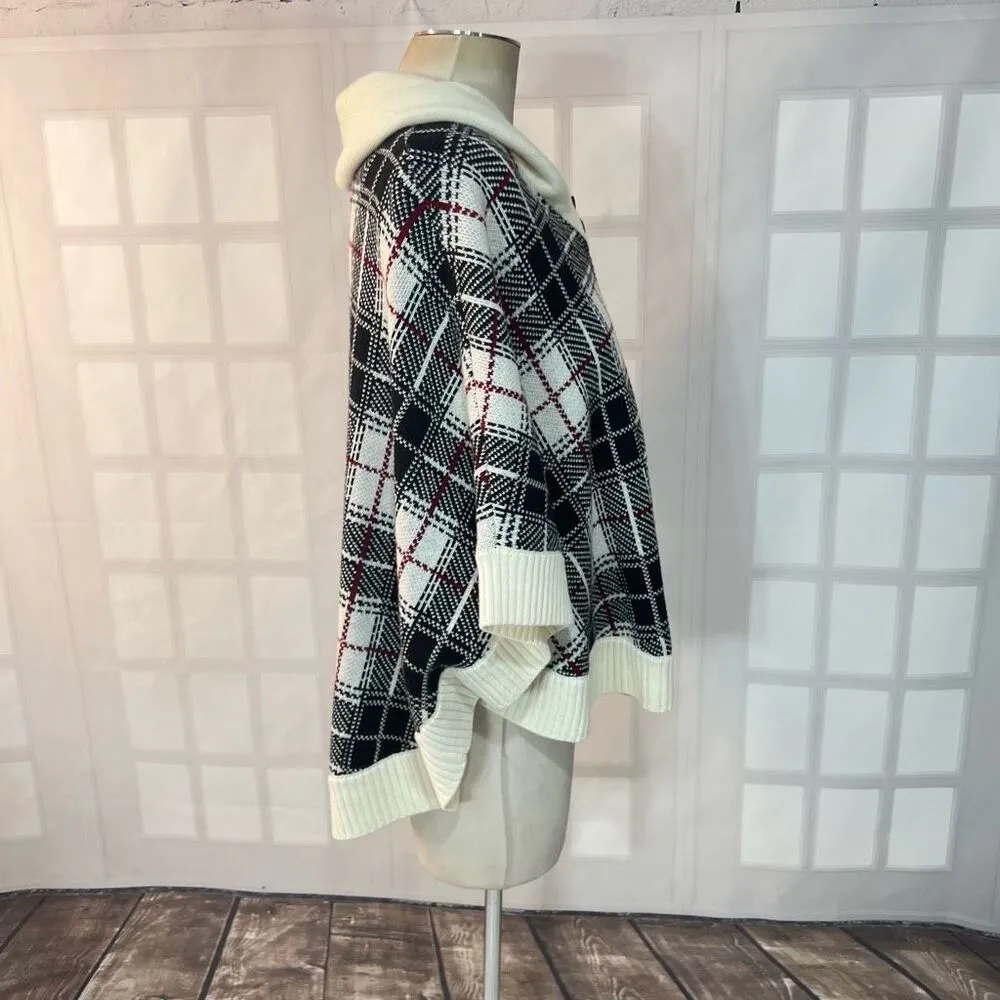 Talbots Multicolor Plaid Lapel Collar Knit Poncho Sweater Size Small - Image 4