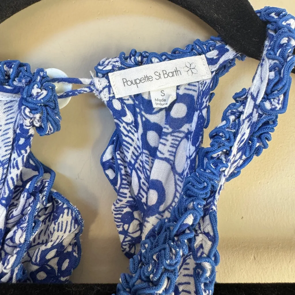 POUPETTE St. Barth halter T back romper blue white abstract print size Small - Image 9