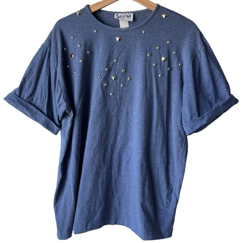 Women’s blue top shirt shorts sleeve basic front gem rock salsa size medium. - Image 2