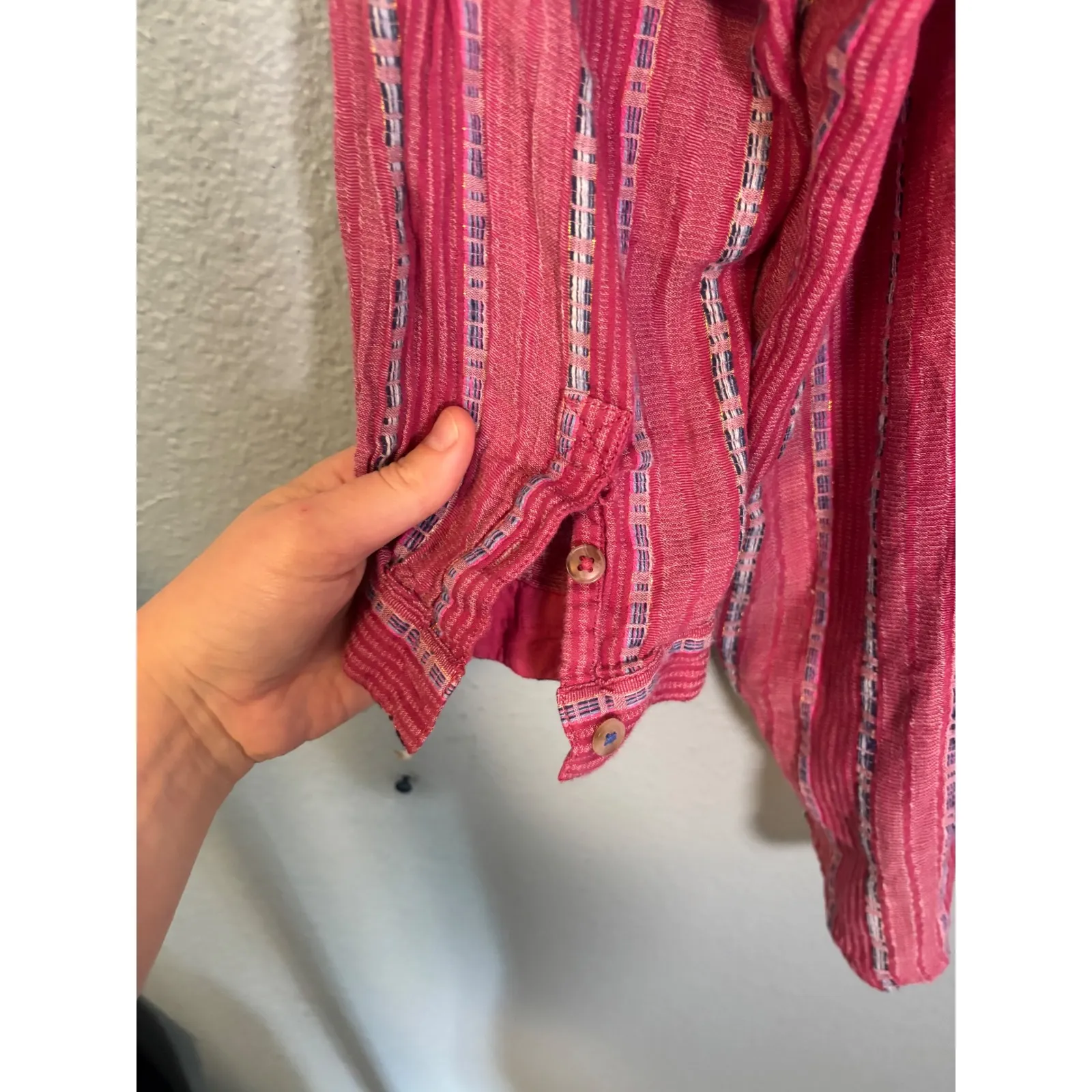 Anthropologie Pilcro The Bo Boyfriend Embroidered Button Down Pink Stripe Medium - Image 9