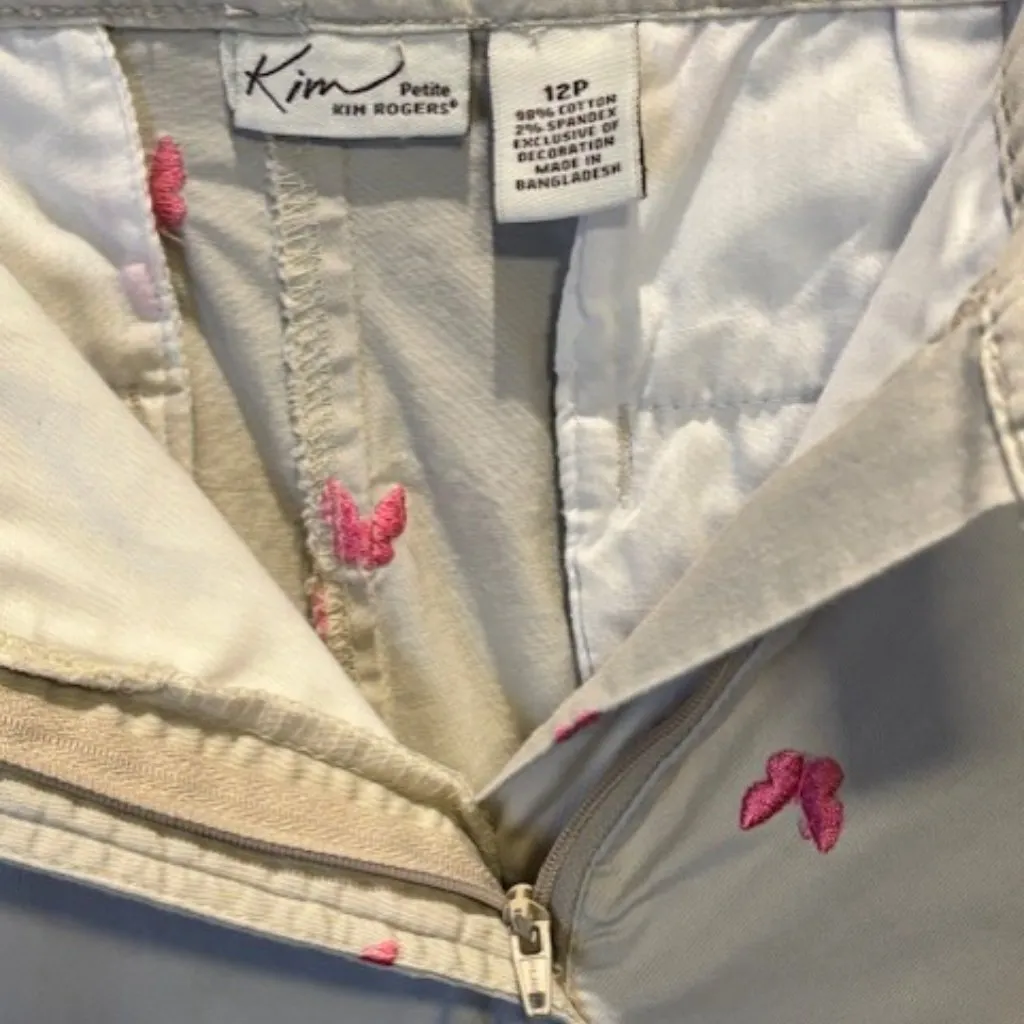 KIM ROGERS Women's Khaki Beige Pink Butterfly Chino 4-Pocket Shorts; Size 12P - Image 3