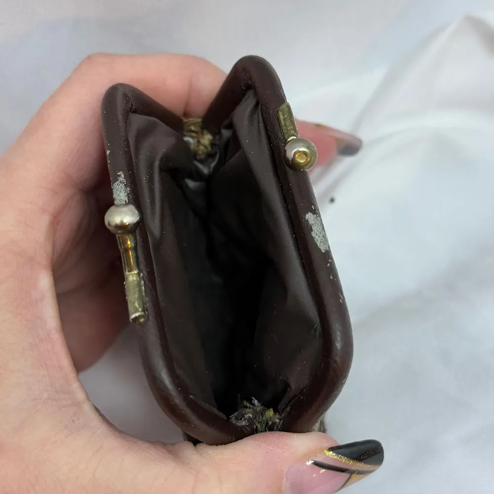 Vintage Tapestry Coin Purse‎ Kiss Lock Frame Brown Leather Trim Floral Pattern - Image 7