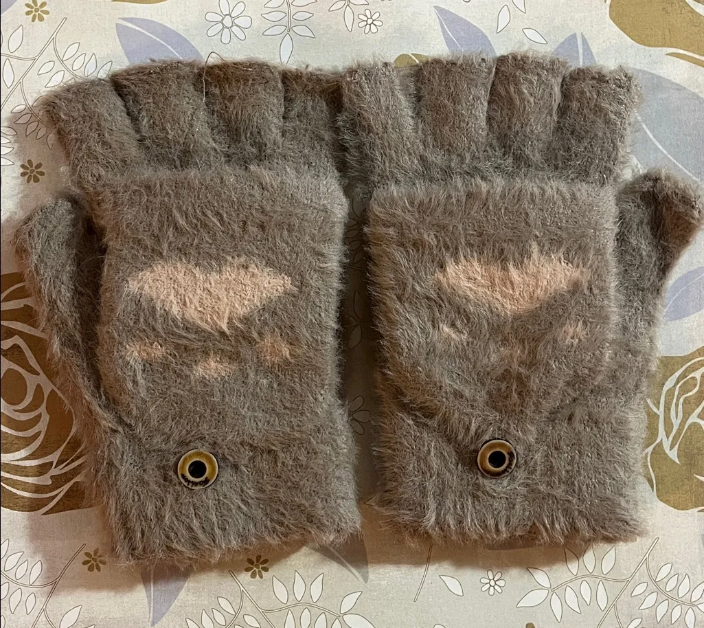 Taupe and Pink Cozy Fingerless Gloves with Paw Print - Image 1